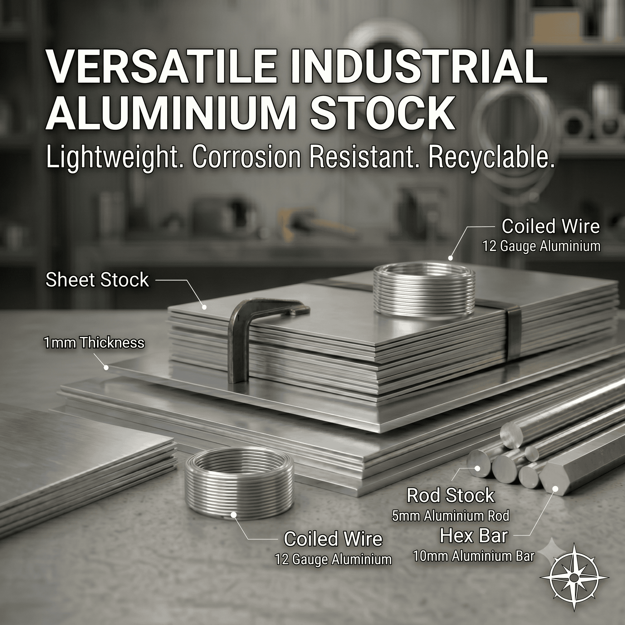 Industrial aluminium stock with coiled wire, sheet, and rod for various applications.