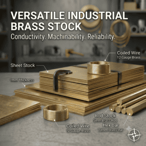 Industrial brass stock including wire, rod, sheet, and hex bar for manufacturing.