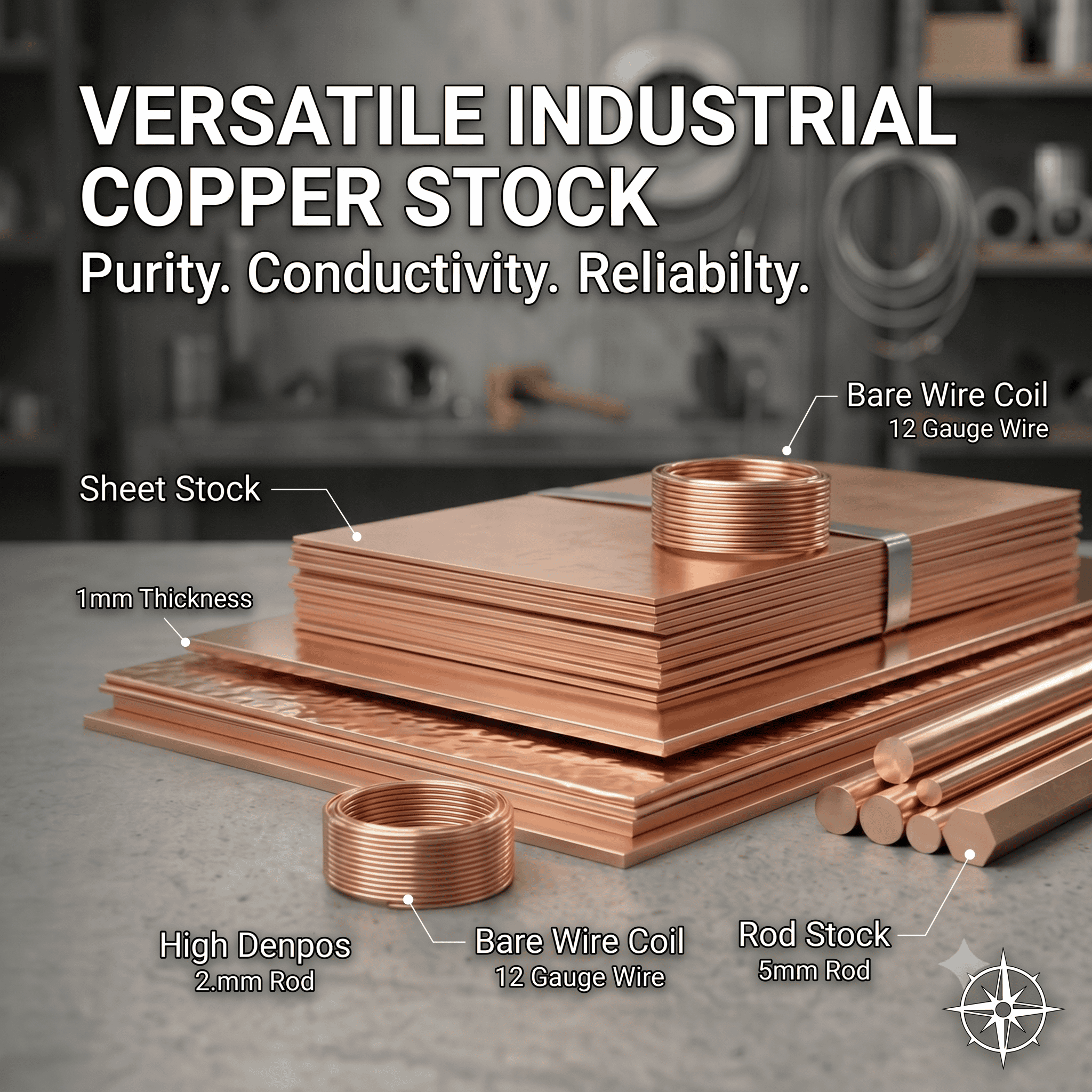 Copper stock including wire coils, sheet stock, and rod stock for industrial use.