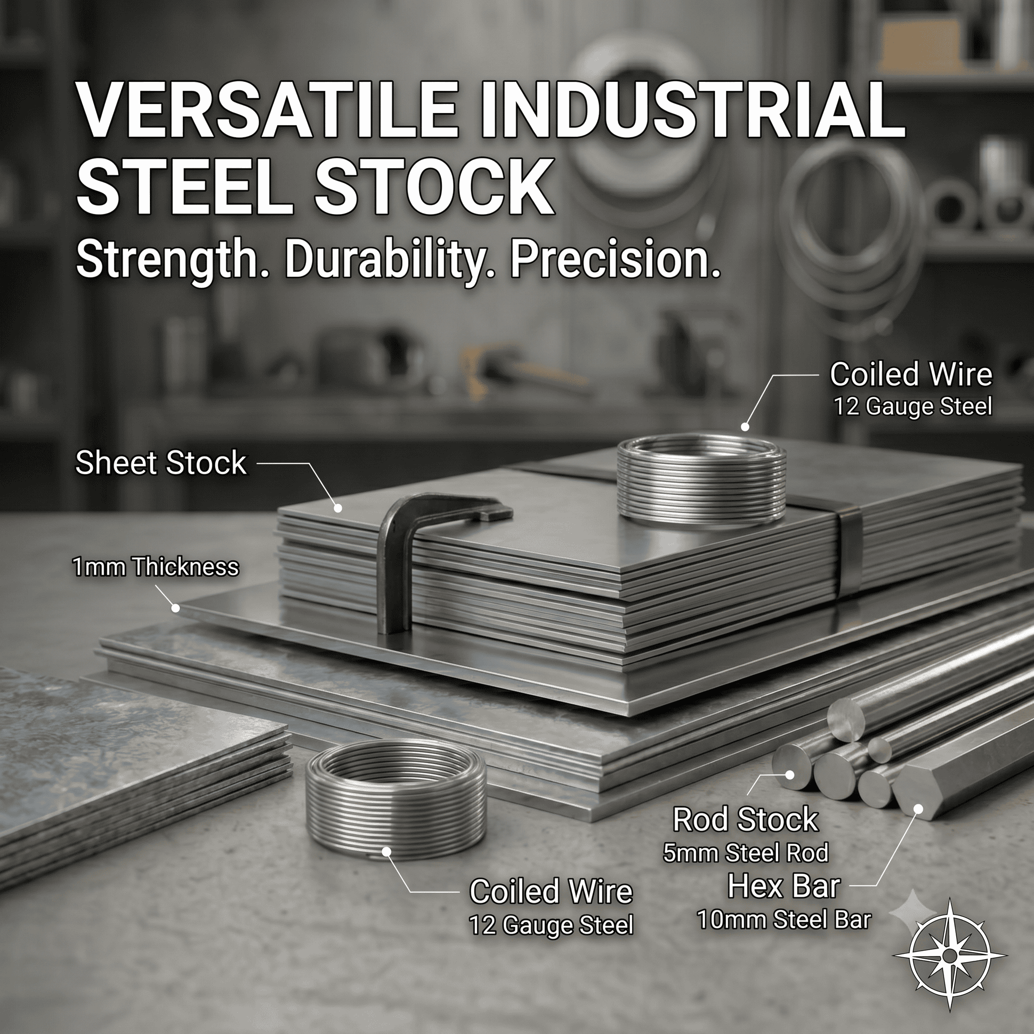 Industrial steel stock with coiled wire, sheet, and rod in a workshop setting.